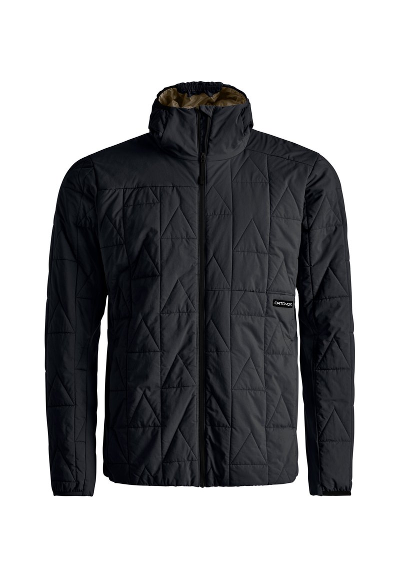 Schwarze, gesteppte Jacke mit hohem Kragen und Reißverschluss, ausgestattet mit einem geometrischen Dreiecks-Muster und einem Logo-Detail nahe dem Saum.