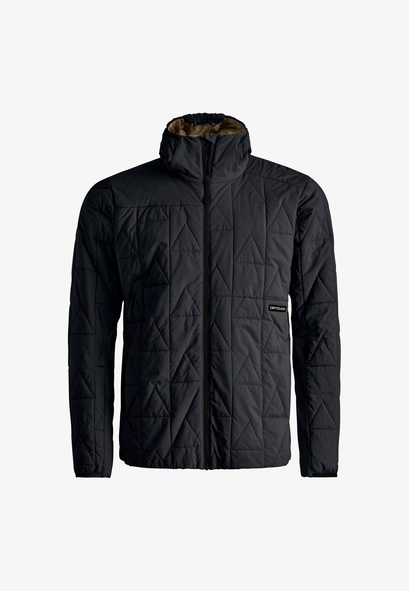 Schwarze, gesteppte Jacke mit hohem Kragen und Reißverschluss, ausgestattet mit einem geometrischen Dreiecks-Muster und einem Logo-Detail nahe dem Saum.