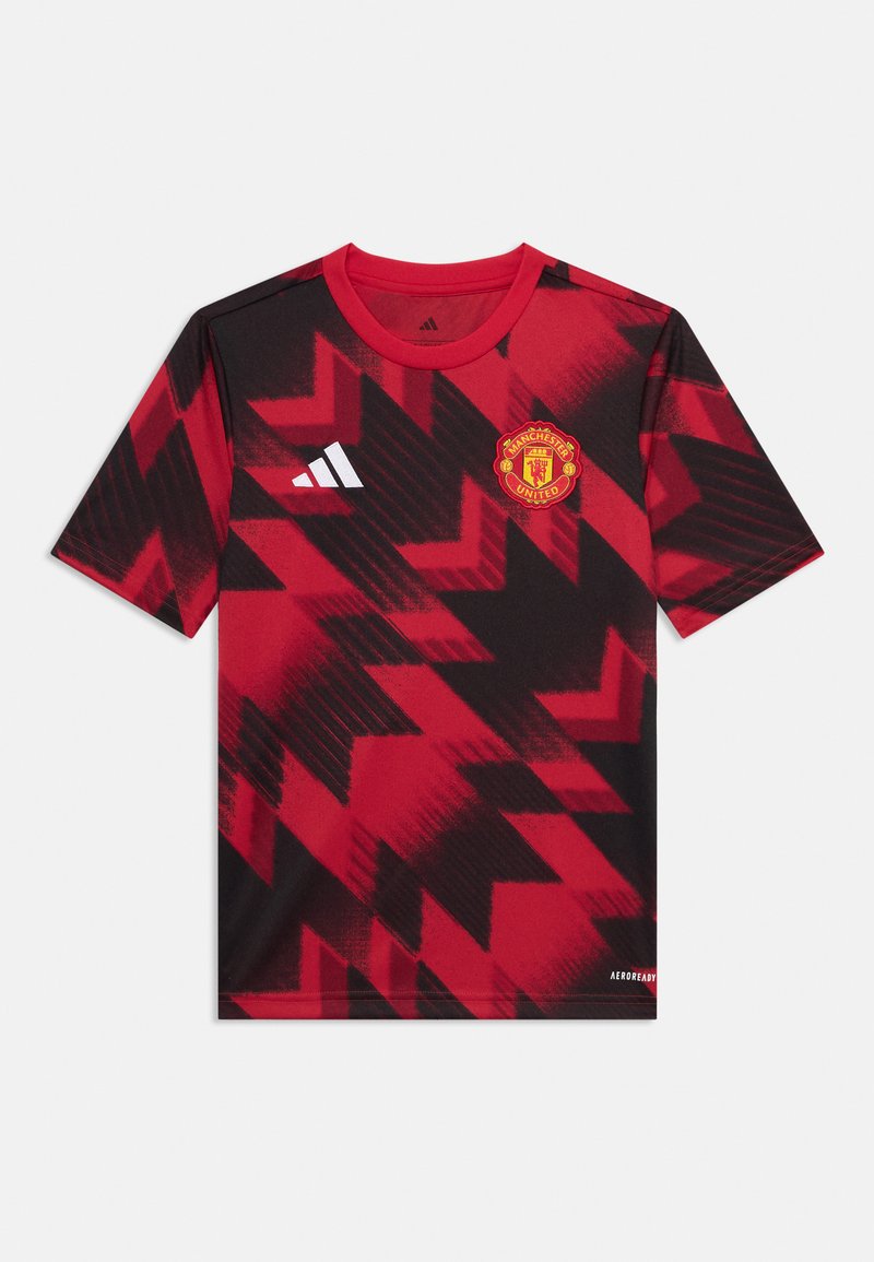 Sarkans un melns īsām piedurknēm sporta krekls ar zibens rakstu, Adidas logo un Mančestra United emblēma. Izgatavots no viegla materiāla.