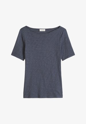 Kurzärmliges T-Shirt in dunklem Anthrazitblau mit weitem Rundhalsausschnitt und kleinem Innenetikett am Kragen.