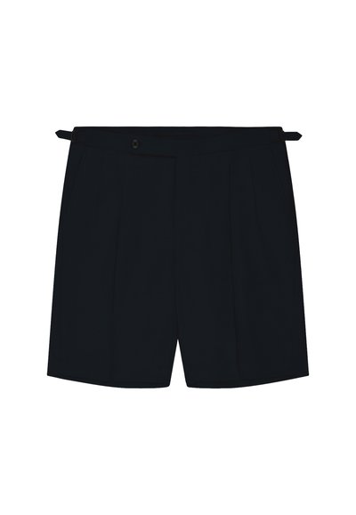 Black tailored shorts with a buttoned waistband tab and pleats on the front, displayed against a white background.