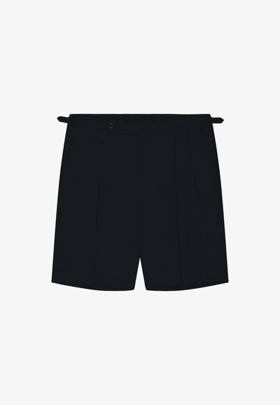 Black tailored shorts with a buttoned waistband tab and pleats on the front, displayed against a white background.