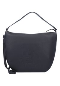 Sac à épaule en cuir noir avec une forme incurvée, mettant en avant un logo "B" perforé, une bandoulière réglable et une fermeture éclair. Texture lisse.