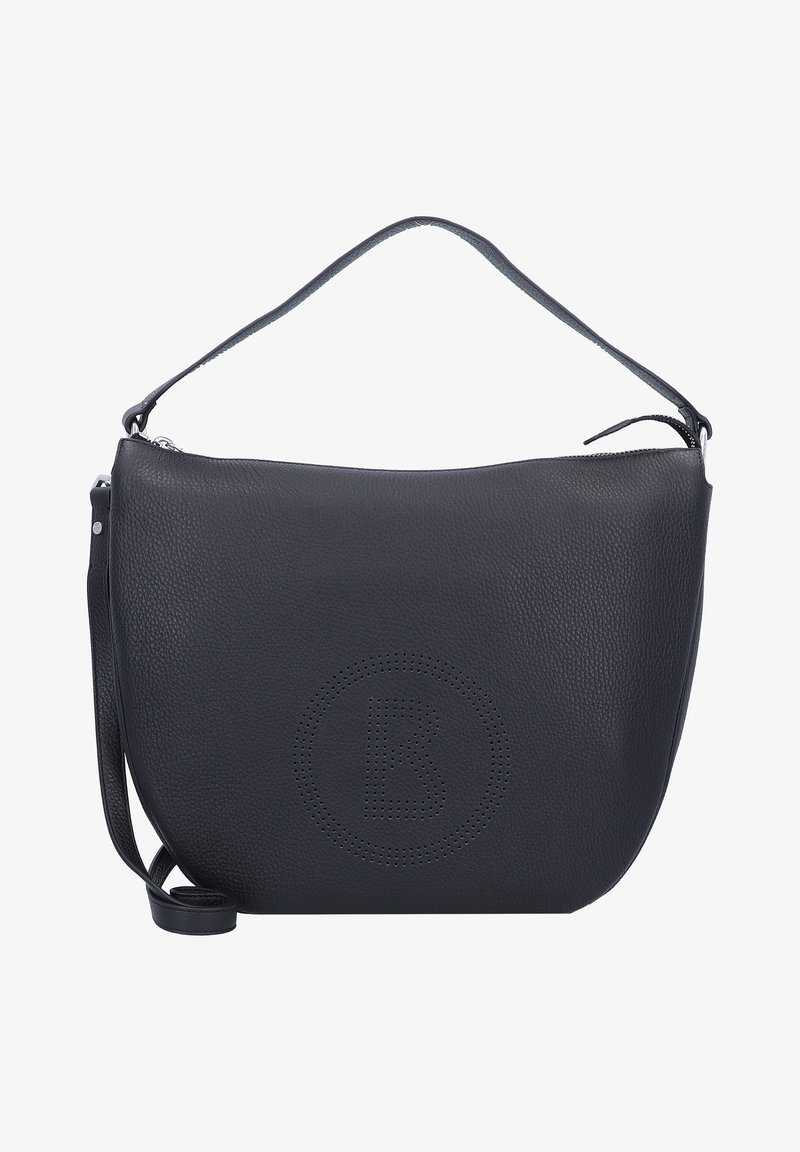 Sac à épaule en cuir noir avec une forme incurvée, mettant en avant un logo "B" perforé, une bandoulière réglable et une fermeture éclair. Texture lisse.