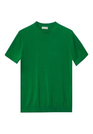 T-shirt à manches courtes et col rond en maille, de couleur vert vif uni, avec une ceinture et des poignets de manches côtelés.