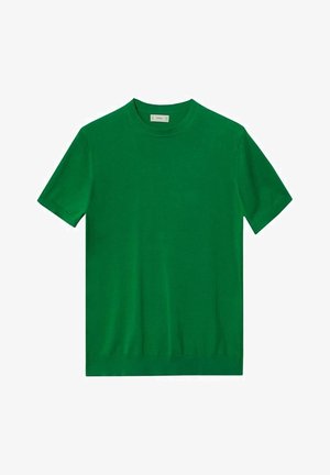 T-shirt à manches courtes et col rond en maille, de couleur vert vif uni, avec une ceinture et des poignets de manches côtelés.