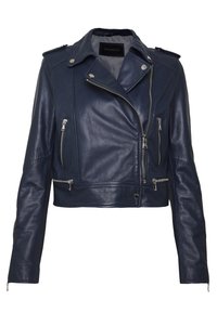 Giacca di pelle biker blu navy con design cropped, cerniere argentate e chiusura frontale asimmetrica. Presenta spalline sulle spalle.