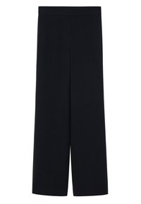 Pantalons larges noirs en tissu lisse avec une taille haute. Présente un design épuré sans poches ni embellissements visibles.