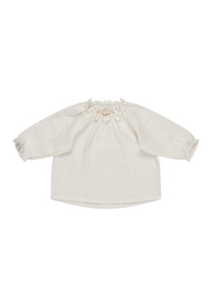 Weiße Langarmbluse mit gerafftem Ausschnitt und Bündchen, aus leichtem, strukturiertem Stoff und mit abgerundetem Saum.