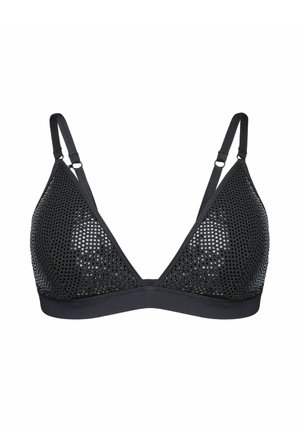Czarny trójkątny biustonosz z siateczkowymi miseczkami, regulowanymi ramiączkami oraz solidnym pasem. Posiada oddychający, perforowany design, który zwiększa wentylację.