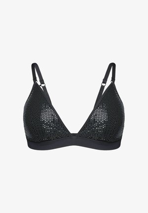 Black triangular bra with mesh cups, adjustable straps, and a solid band. Features a breathable, perforated design enhancing ventilation.