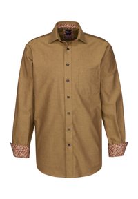 Camicia marrone con bottoni e taschino. Tessuto a motivo floreale nel colletto e nei polsini. Texture semplice; maniche lunghe. Bottoni scuri.