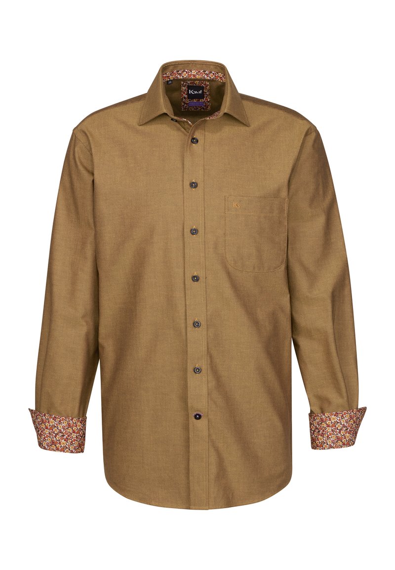 Camicia marrone con bottoni e taschino. Tessuto a motivo floreale nel colletto e nei polsini. Texture semplice; maniche lunghe. Bottoni scuri.