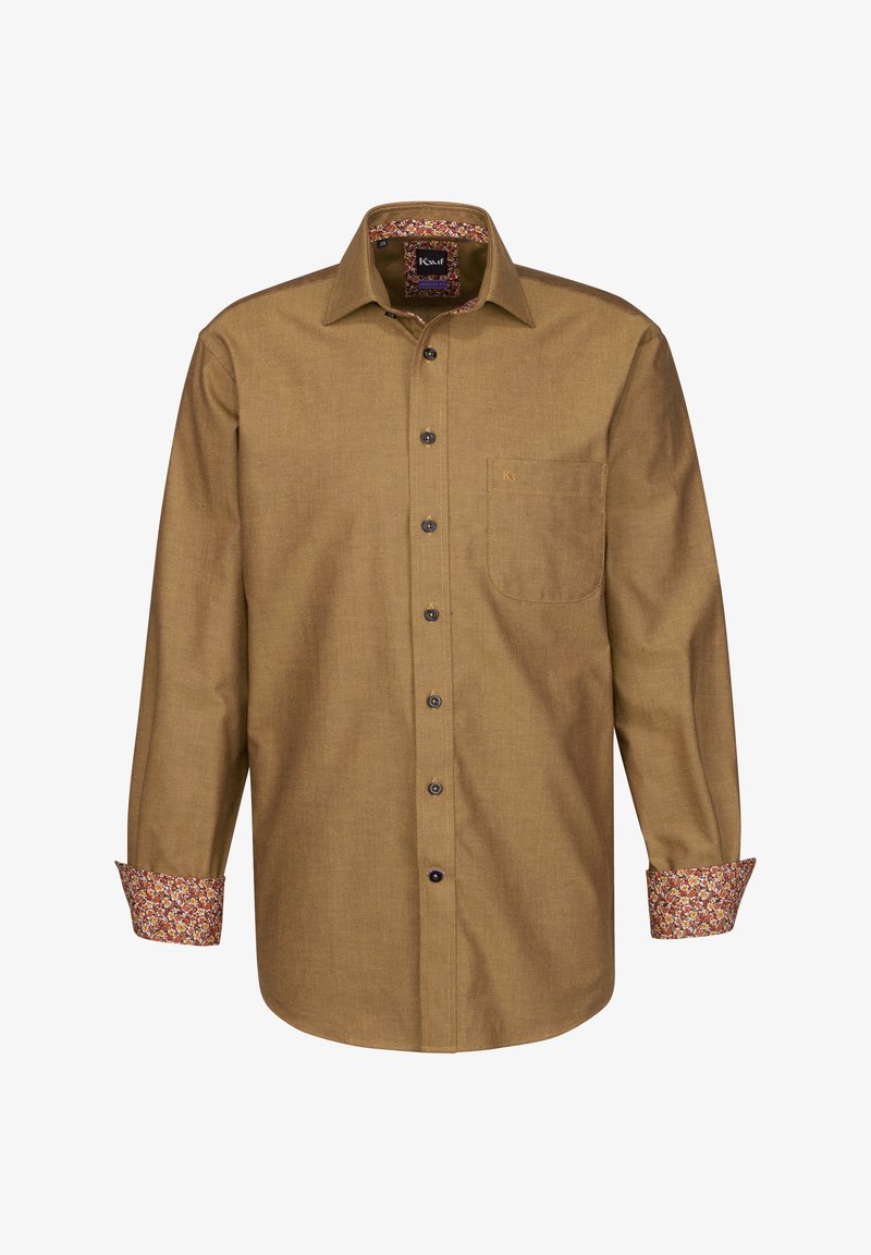 Camicia marrone con bottoni e taschino. Tessuto a motivo floreale nel colletto e nei polsini. Texture semplice; maniche lunghe. Bottoni scuri.