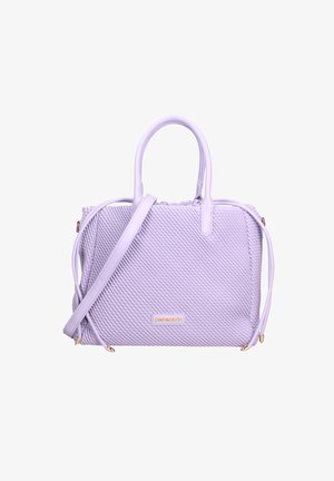 Borsa a mano viola con un motivo testurizzato, doppio manico e una tracolla staccabile. Finiture in oro e chiusura con zip.