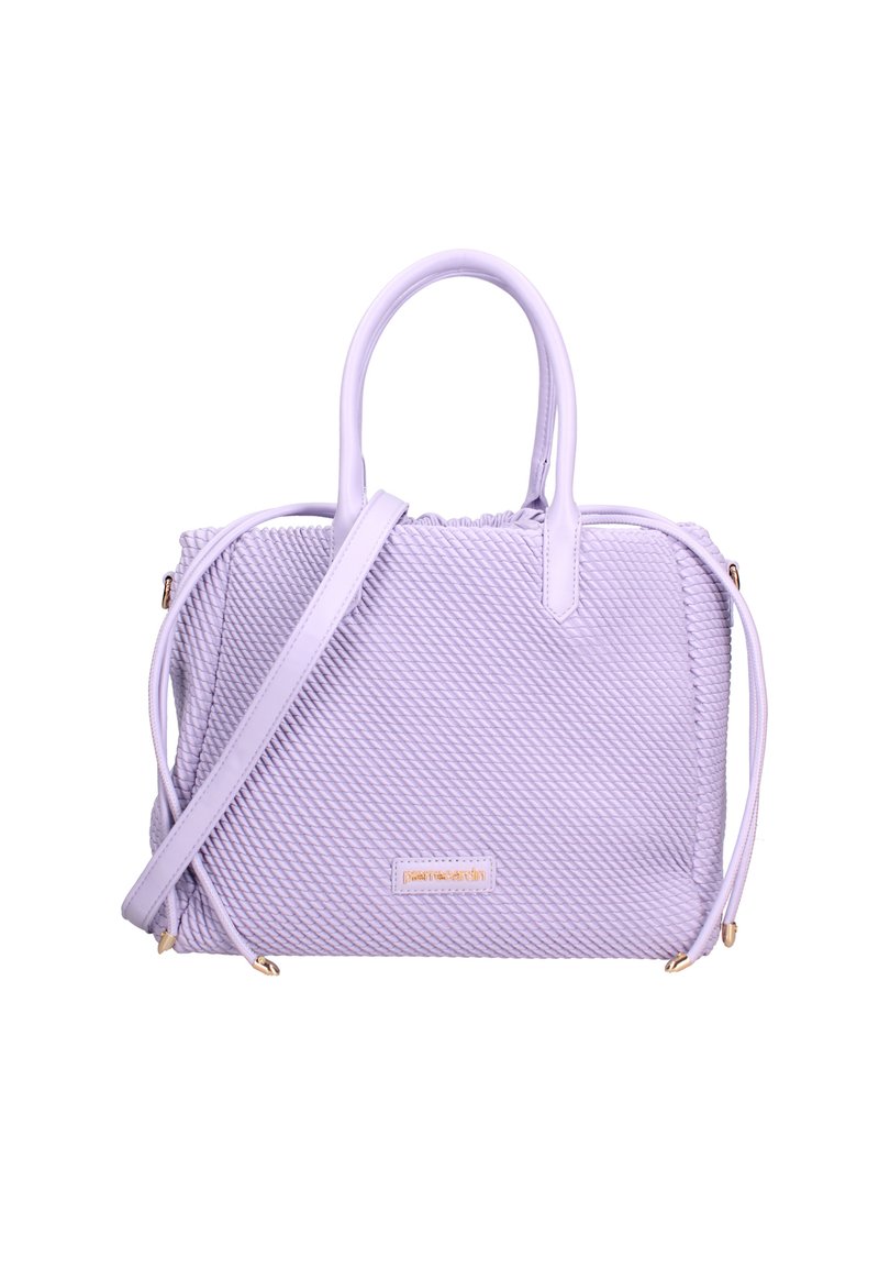 Borsa a mano viola con un motivo testurizzato, doppio manico e una tracolla staccabile. Finiture in oro e chiusura con zip.