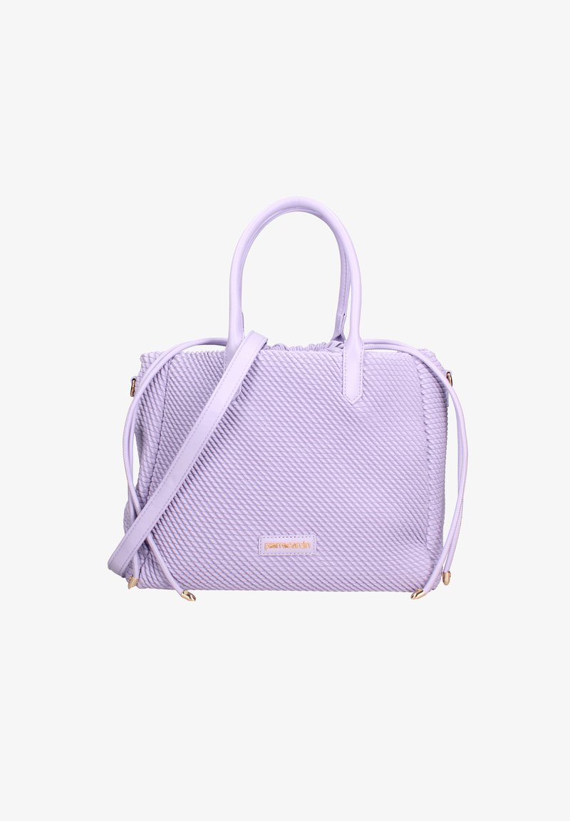 Sac à main violet avec un motif texturé, deux poignées et une bandoulière amovible. Accents en matériel doré et fermeture éclair.