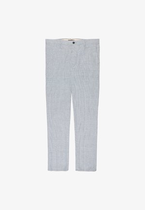 Pantalones ajustados gris claro con un sutil patrón de cuadros, cierre de botones y bolsillos laterales, mostrados sobre un fondo blanco.
