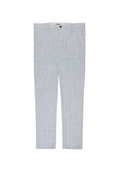 Light gray slim-fit trousers with a subtle plaid pattern, button closure, and side pockets, displayed on a white background.