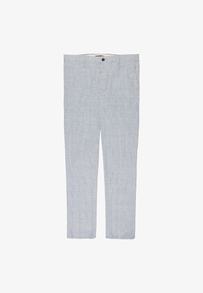 Light gray slim-fit trousers with a subtle plaid pattern, button closure, and side pockets, displayed on a white background.