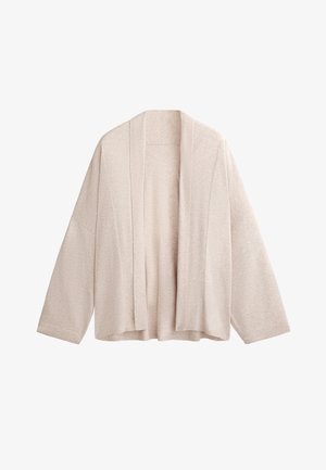 Cardigan beige chiaro con una vestibilità ampia, frontale aperto e maniche larghe. Realizzato in tessuto morbido e texturizzato per il massimo comfort. Senza chiusure né motivi.