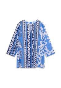 Chemise à motifs bleus comprenant différentes nuances de bleu, avec des dessins complexes en blanc et bleu foncé, manches longues et encolure ronde.