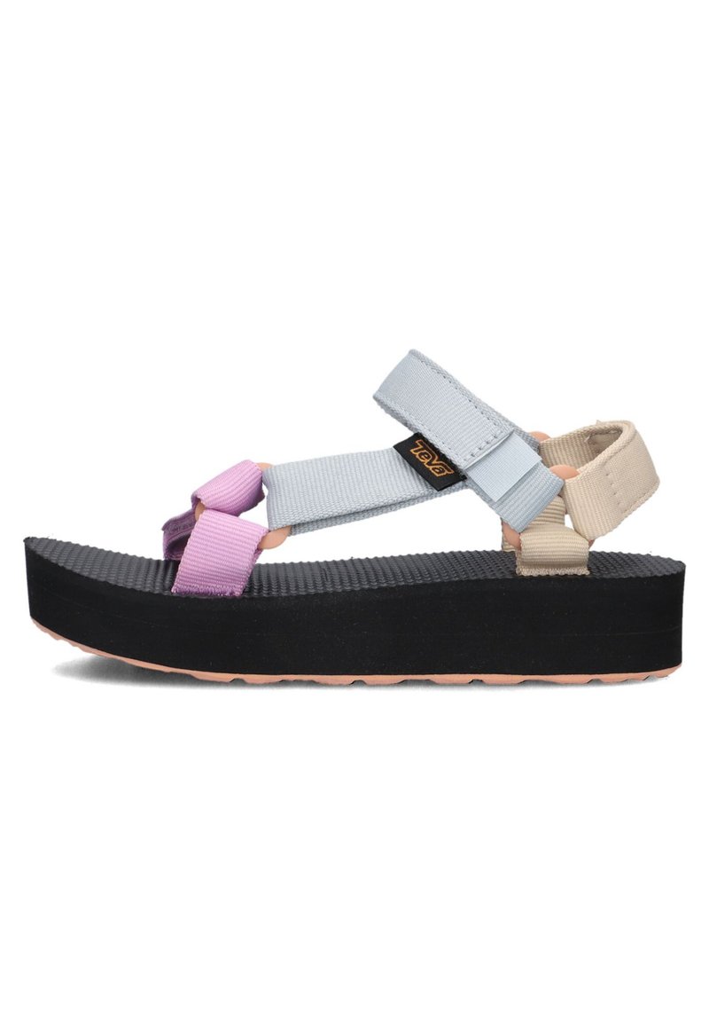 Sandalias de plataforma con una suela texturizada en negro, que presentan tiras en azul claro, lavanda y beige. Cierre de velcro con un detalle de logo en relieve.