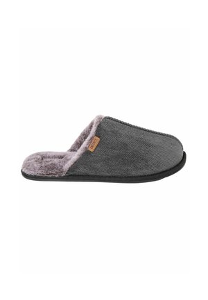 Grauer Slip-On-Hausschuh mit weichem Plüschfutter und strukturiertem Stoff-Obermaterial, speziell für den Innenbereich und Komfort entworfen.