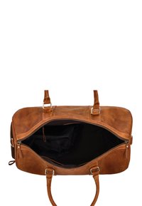 Brun læder duffel taske med en glat overflade, udstyret med to håndtag, en lynlåslukning og et rummeligt sort interiør.