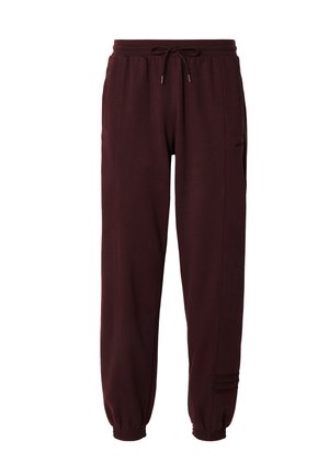 Maroon sweatpants in a soft fabric featuring an elastic waistband with a drawstring, cuffed ankles, and subtle side panel details.