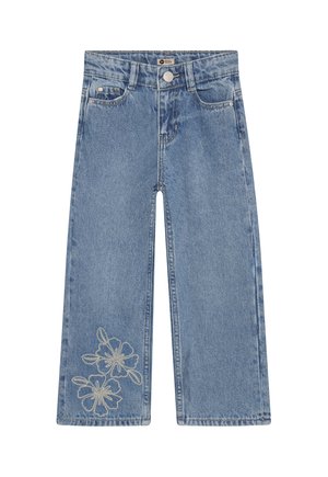 Blå jeans med vida ben och blomsterbroderi nära nedre delen av vänster ben och knäppning med knapp i midjan.