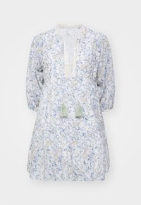 Lett bomulls kjole med et blomstrete blått og gult mønster, v-hals og lange pufferm. Har dusker i grønt.