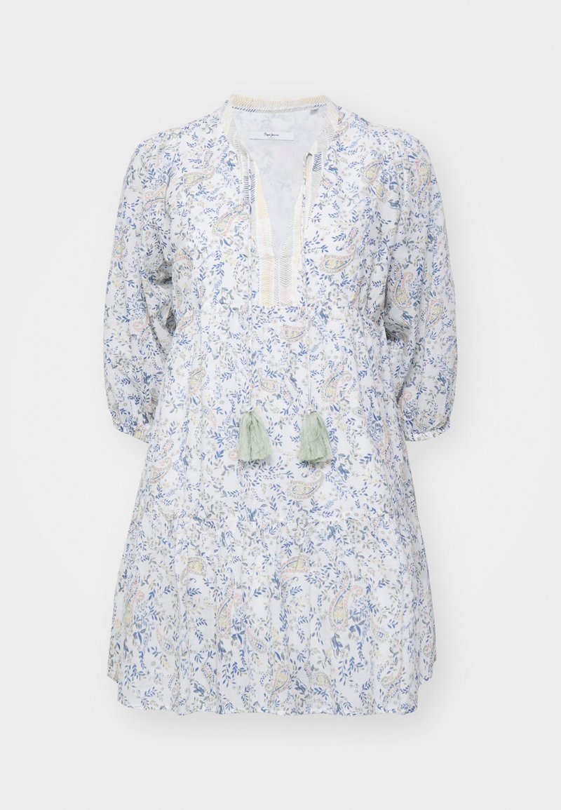 Lett bomulls kjole med et blomstrete blått og gult mønster, v-hals og lange pufferm. Har dusker i grønt.
