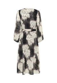 Rochie fluidă dintr-un material transparent, cu un model floral alb-negru. Mâneci lungi, accent cu panglică la talie și siluetă în A.