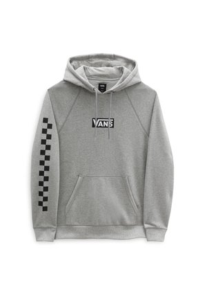 Sudadera con capucha gris de Vans con patrón de cuadros negro en la manga izquierda, bolsillo de canguro en la parte delantera y logo de Vans centrado en el pecho.