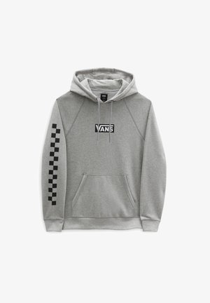Harmaa Vans-huppari, jossa musta ruutukuvio vasemmassa hihassa, edessä kengurutasku ja Vans-logo rinnan keskellä.