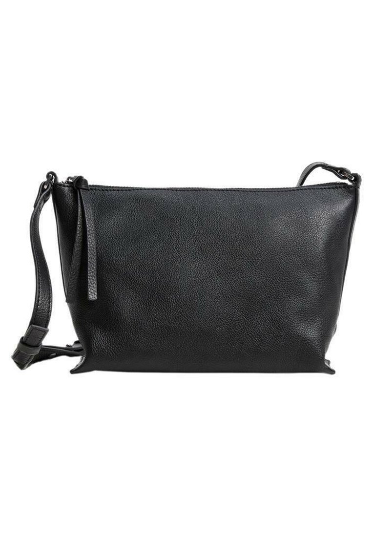Borsa a tracolla nera in pelle con superficie texturizzata, forma rettangolare, tracolla sottile e regolabile, e chiusura superiore con zip.