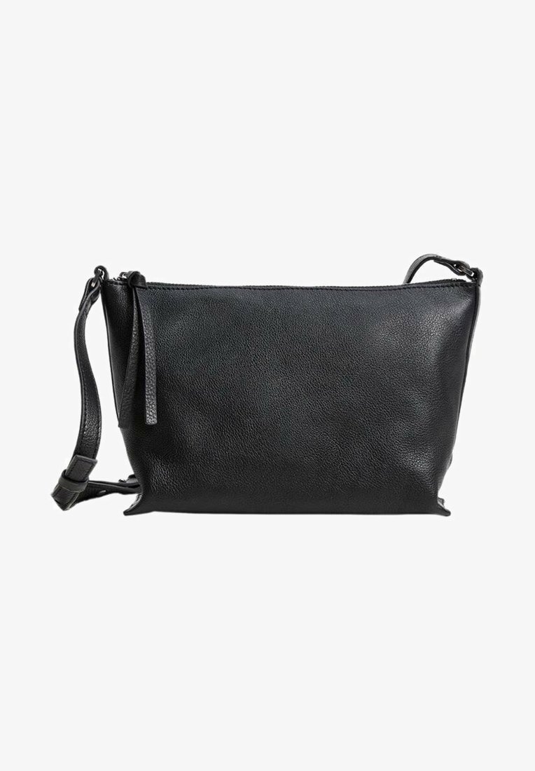 Borsa a tracolla nera in pelle con superficie texturizzata, forma rettangolare, tracolla sottile e regolabile, e chiusura superiore con zip.