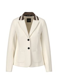Elfenbeinfarbener Blazer mit Reverskragen, Futter im Leopardenmuster, zwei Vordertaschen und zwei schwarzen Knöpfen. Glatte Textur mit strukturiertem Design.