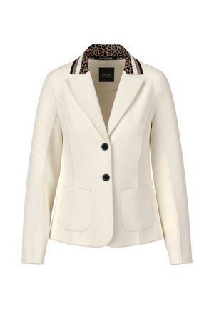 Elfenbeinfarbener Blazer mit Reverskragen, Futter im Leopardenmuster, zwei Vordertaschen und zwei schwarzen Knöpfen. Glatte Textur mit strukturiertem Design.