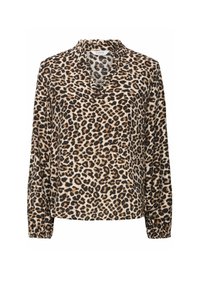 Leopardenmuster Bluse mit langen Ärmeln, V-Ausschnitt und Rüschenkragen; bietet eine Mischung aus Beige-, Schwarz- und Brauntönen für Textur und Detail.