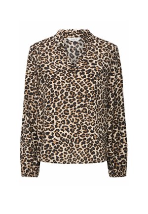 Blouse imprimée léopard avec manches longues, décolleté en V et col froncé ; présente un mélange de teintes beige, noire et brune pour la texture et le détail.