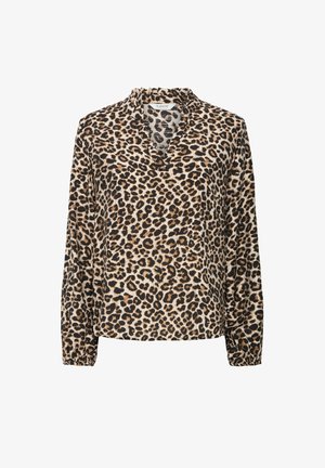 Leopardimustriga blouse pikade varrukatega, V-kaelusega ja volangkraega; sisaldab erinevaid pruuni, musta ja beeži toone tekstuuri ja detailide jaoks.