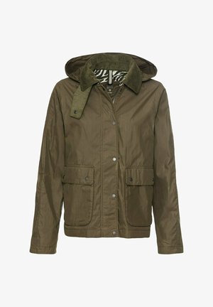 Olivgrüne Jacke mit Reißverschluss und Druckknopfverschluss, zwei Fronttaschen, Cordkragen und einer gefütterten Kapuze im Zebramuster.