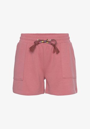 Rosa Baumwollshorts mit elastischem Bund, akzentuiert durch ein Zugband mit bunten Perlen und zwei seitlichen Taschen. Weicher Stoff, lässige Passform.