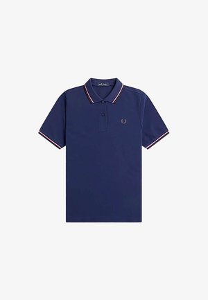 Navyblaues Poloshirt aus Baumwolle. Verfügt über eine Zwei-Knopf-Leiste, einen Kragen und Ärmelabschlüsse mit pink-weißem Streifenmuster sowie ein kleines gesticktes Logo.