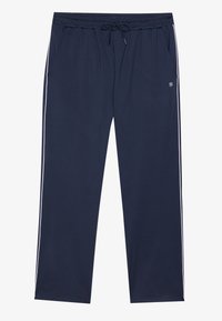 Marineblauwe sportbroeken met een tunnelkoord in de taille, zijzakken en witte zijstrepen. Gemaakt van glad, lichtgewicht materiaal.