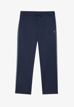 Pantalons de sport navy avec taille à cordon, poches latérales et rayures blanches sur les côtés. Fabriqués en tissu lisse et léger.