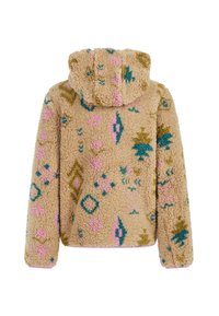 Hooded, tan fleece jacket met kleurrijke geometrische patronen in roze, groen en blauw. Zachte textuur, lange mouwen en een relaxte pasvorm.