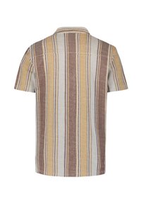 Korte mouw shirt met verticale strepen in bruin, geel en crème. Gemaakt van gestructureerde stof met een puntkraag en rugpas.
